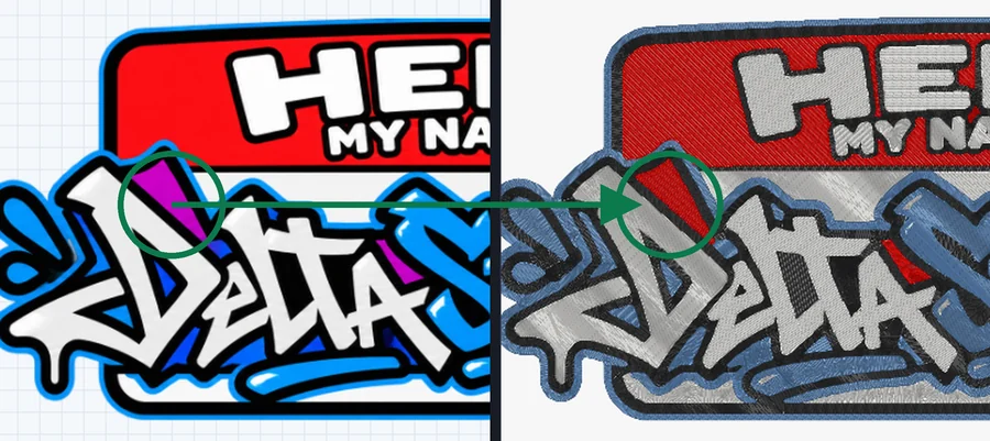 Links das Originalbild, rechts die Stickerei: der rosa Strich wurde rot